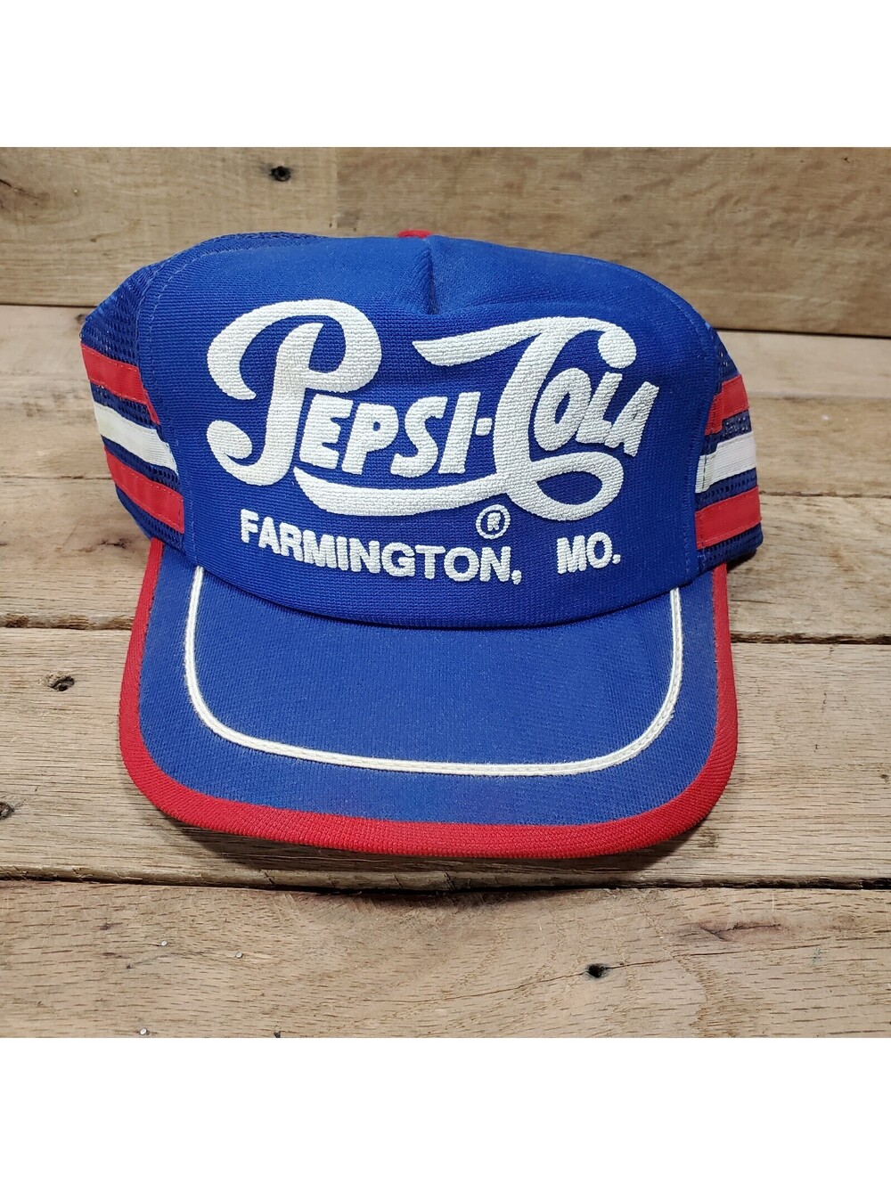 Vintage Pepsi Cola Three Stripe Blue Red Snapback Trucker Hat Jamestown ND